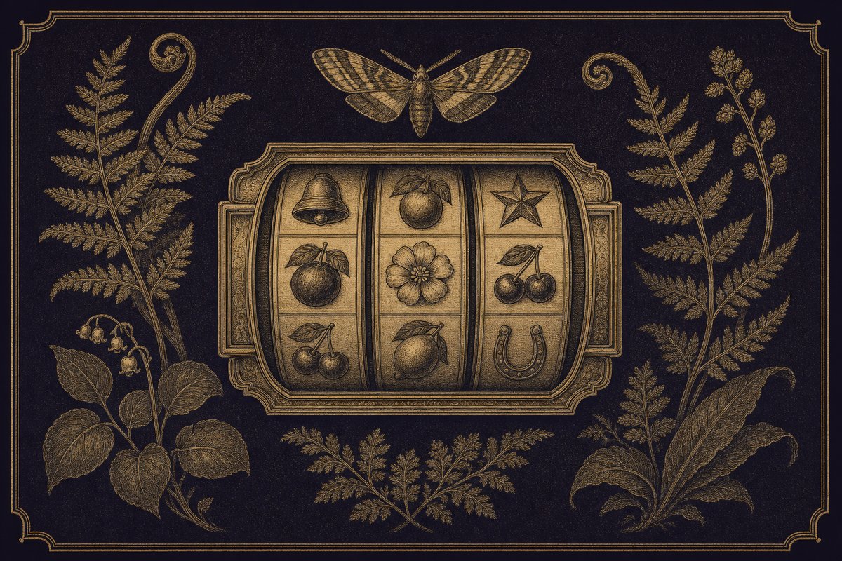 Antique engraving-style plate of a slot reel window framed by ferns and a moth
